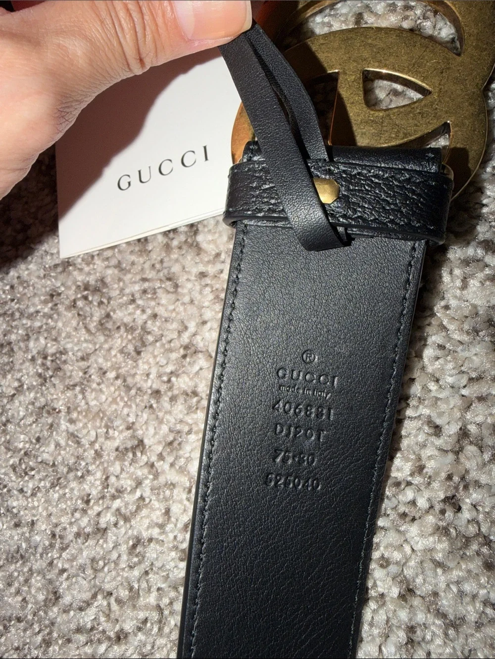 Gucci Black Leather Belt with Antique Gold Interlocking G Buckle